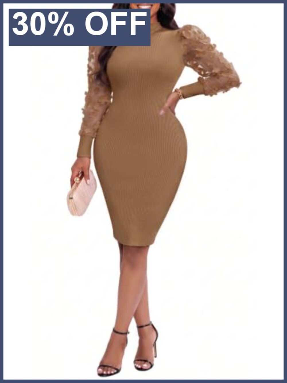 Mock Neck Bishop Sleeve Ribbed Bodycon Midi Party Dress
